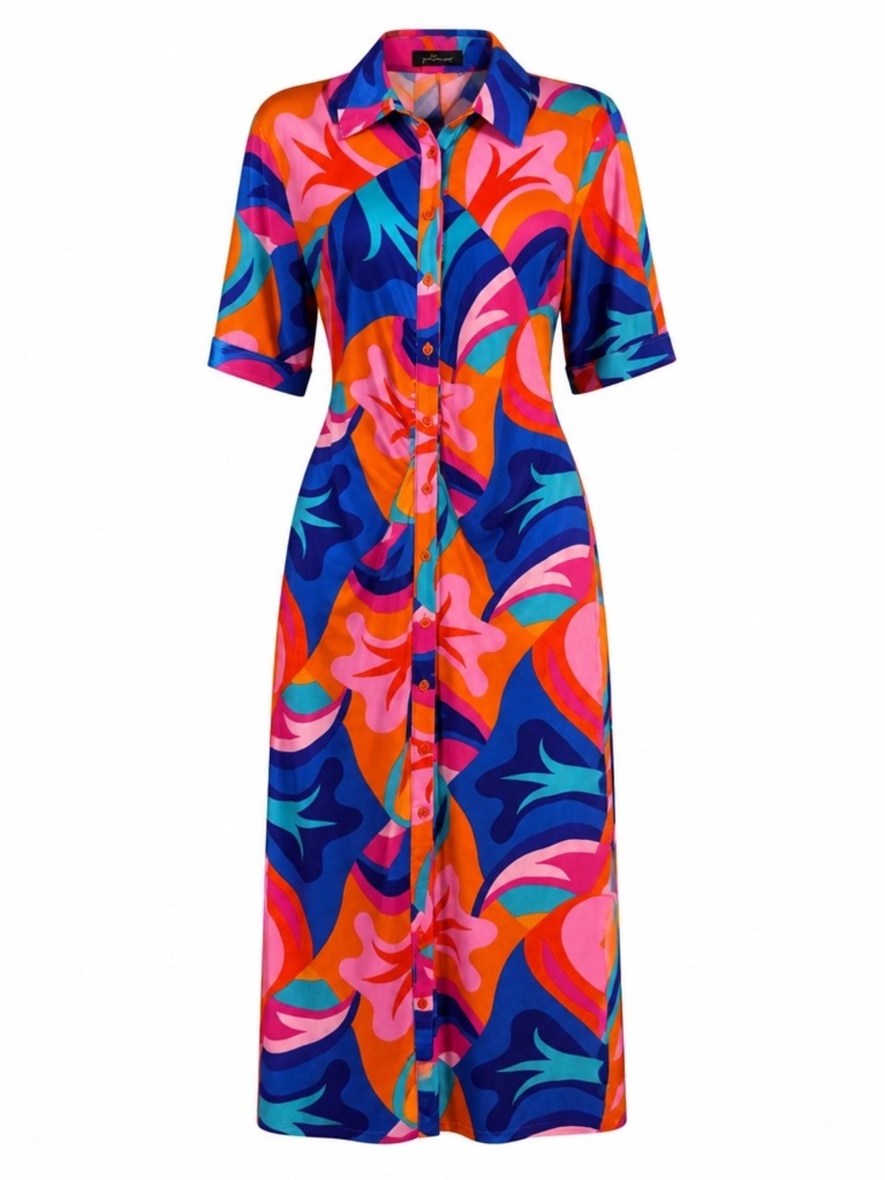 Bold Multicolor Maxi Shirt Dress — Pink, Orange & Blue Print